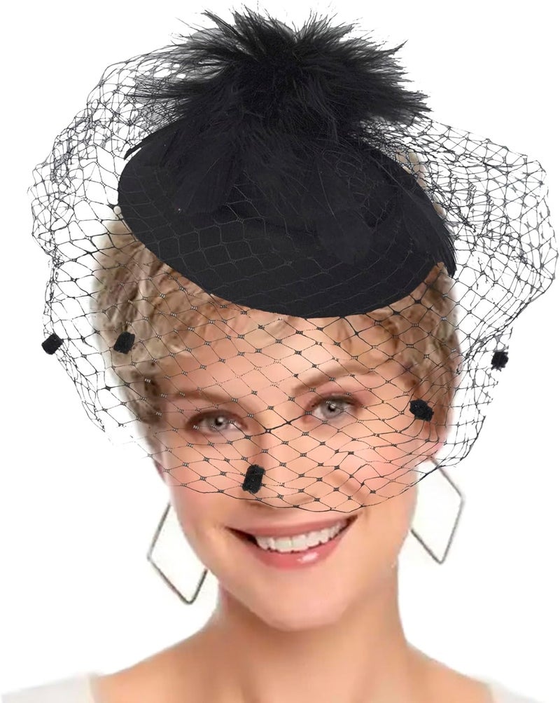 HIWIND Store Fascinators Hat Women Tea Party Pillbox Veil Cocktail Mesh Hat B-Black - Image 1